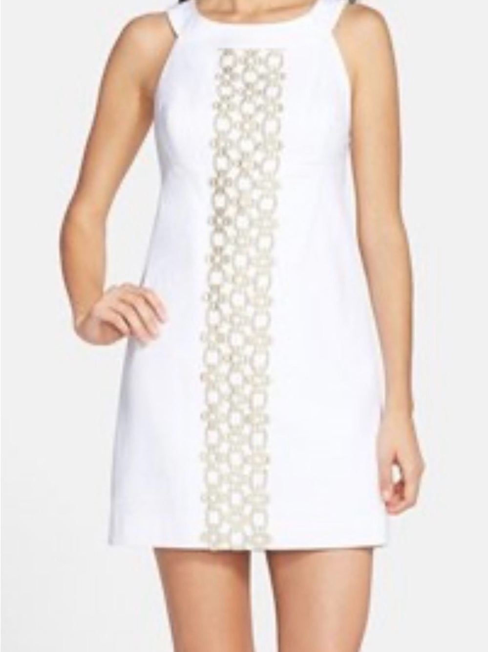 Lilly Pulitzer Women White Sleeveless Shift Dress with Gold Lace Panel Size 2